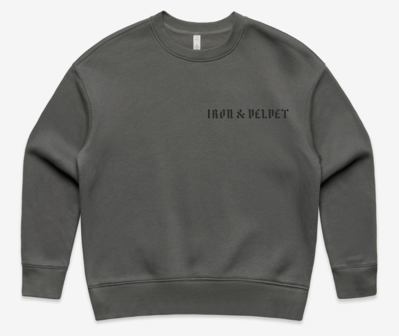 I&V text-only logo in smoke over side chest
