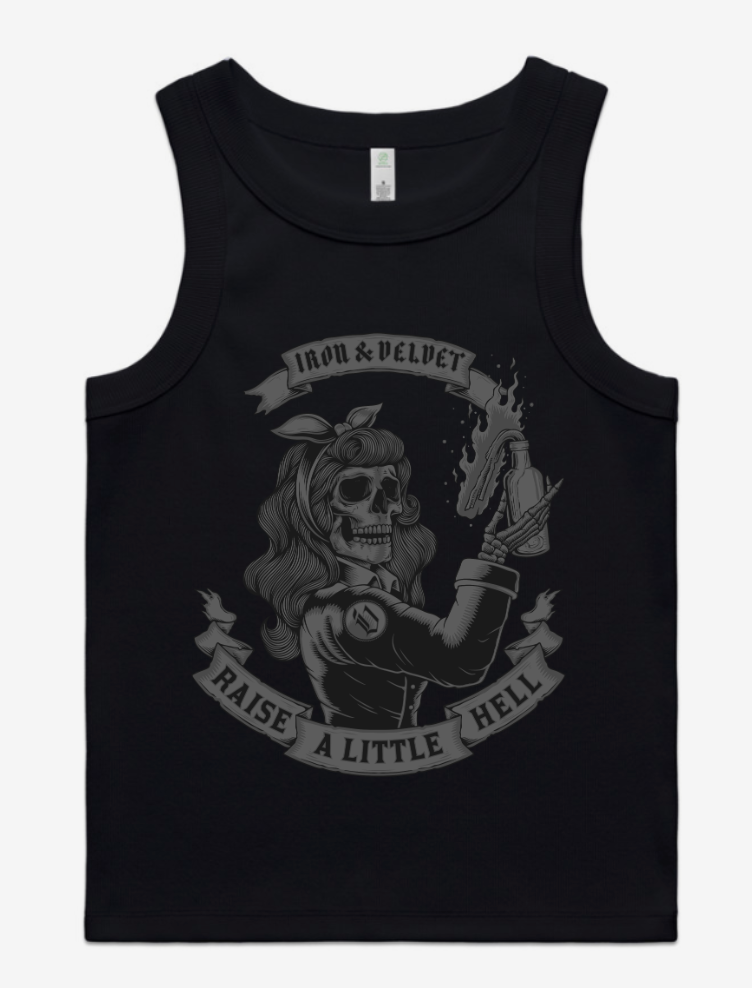 "Raise a little hell" graphic in black and white on front