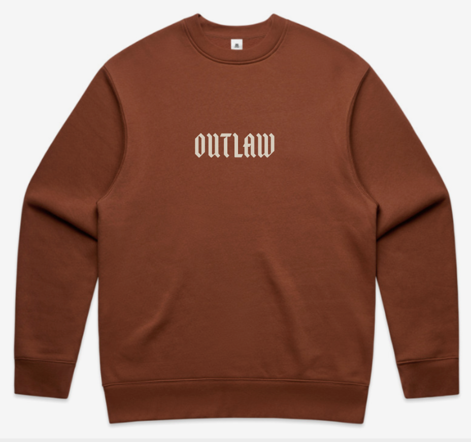 "Outlaw" in sand across front with small I&V icon in sand on boack of neck