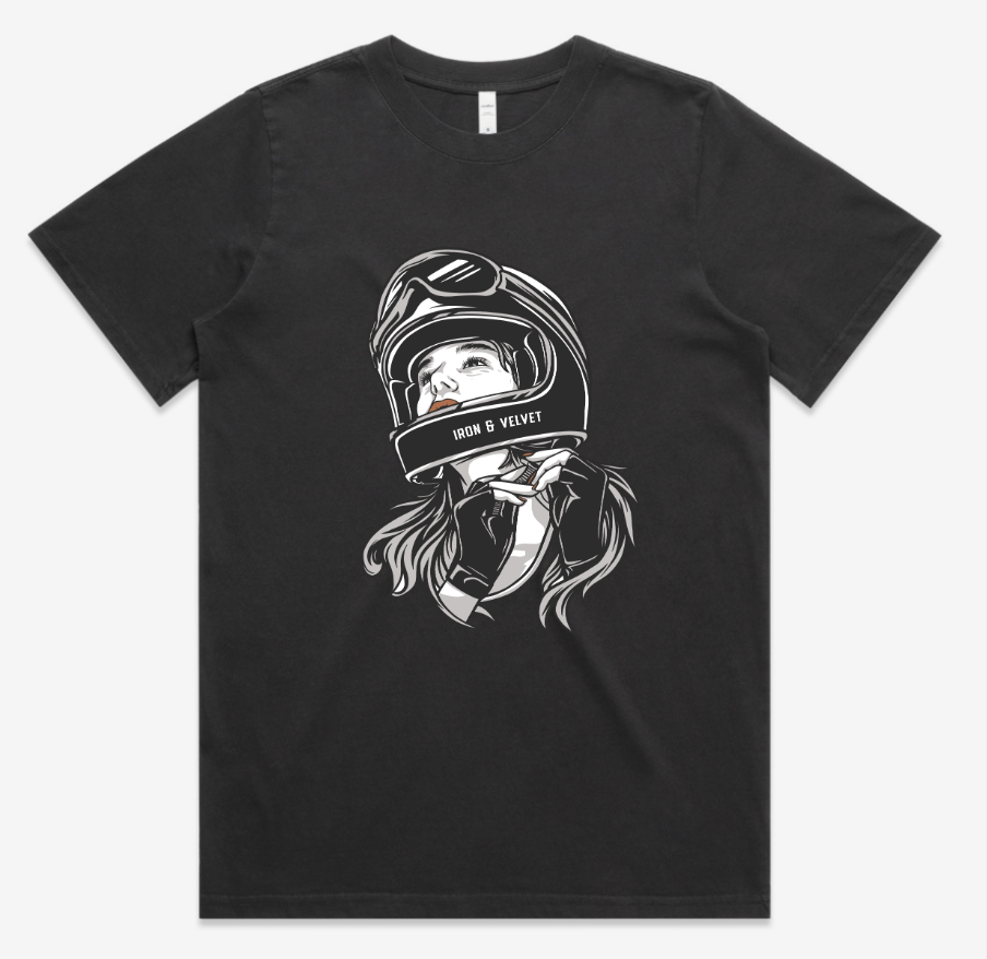 Woman buckling helmet graphic on front