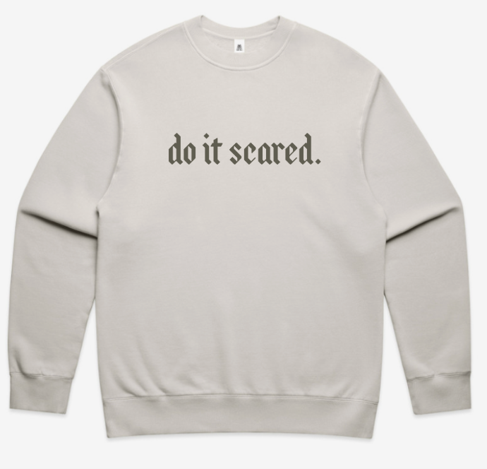 "Do it scared" in cargo across front with small I&V icon in cargo on back of neck