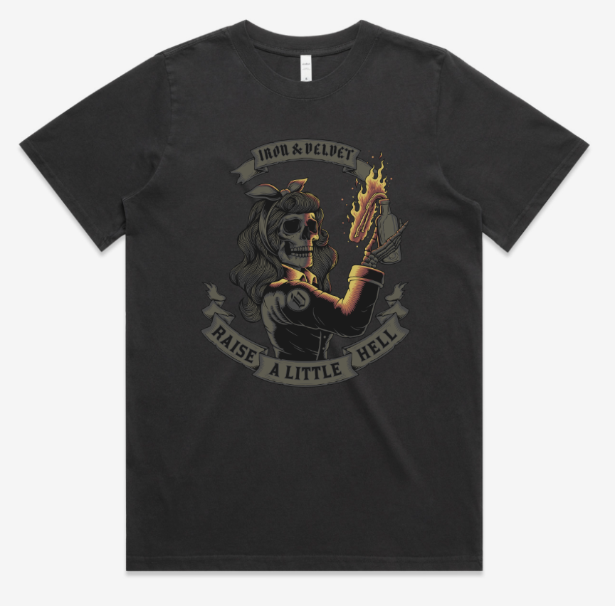 "Raise a little hell" graphic in color on front