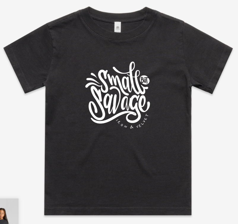 "Small but savage" text graphic in fog on front