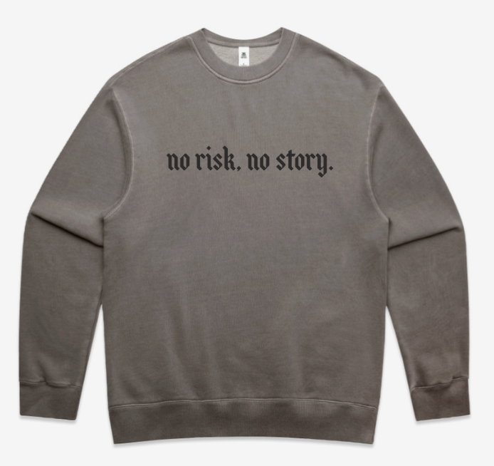 "No risk no story" in smoke across front with small I&V icon in smoke on back of the neck