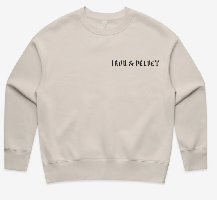 I&V text-only logo in smoke over side chest