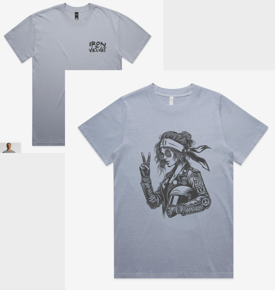 I&V graphic on front chest and hippie rider on back (both in smoke)
