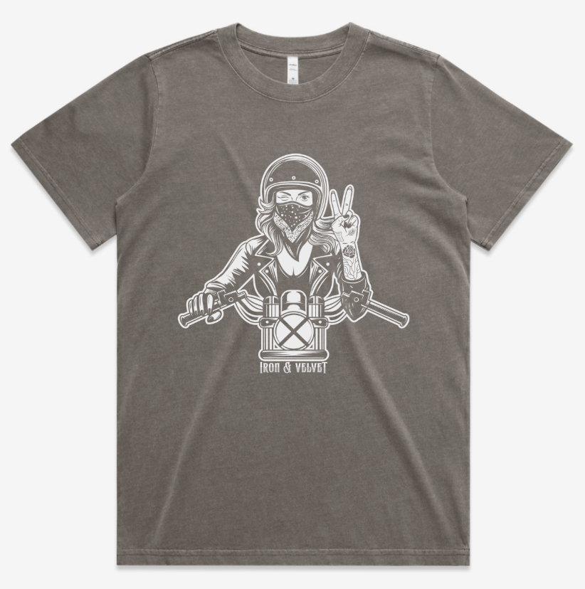 Peace sign rider graphic on front in fog
