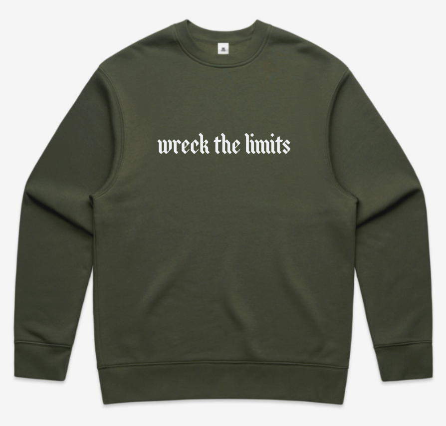 "Wreck the limits" in fog across front with small I&V icon in fog on back of the neck