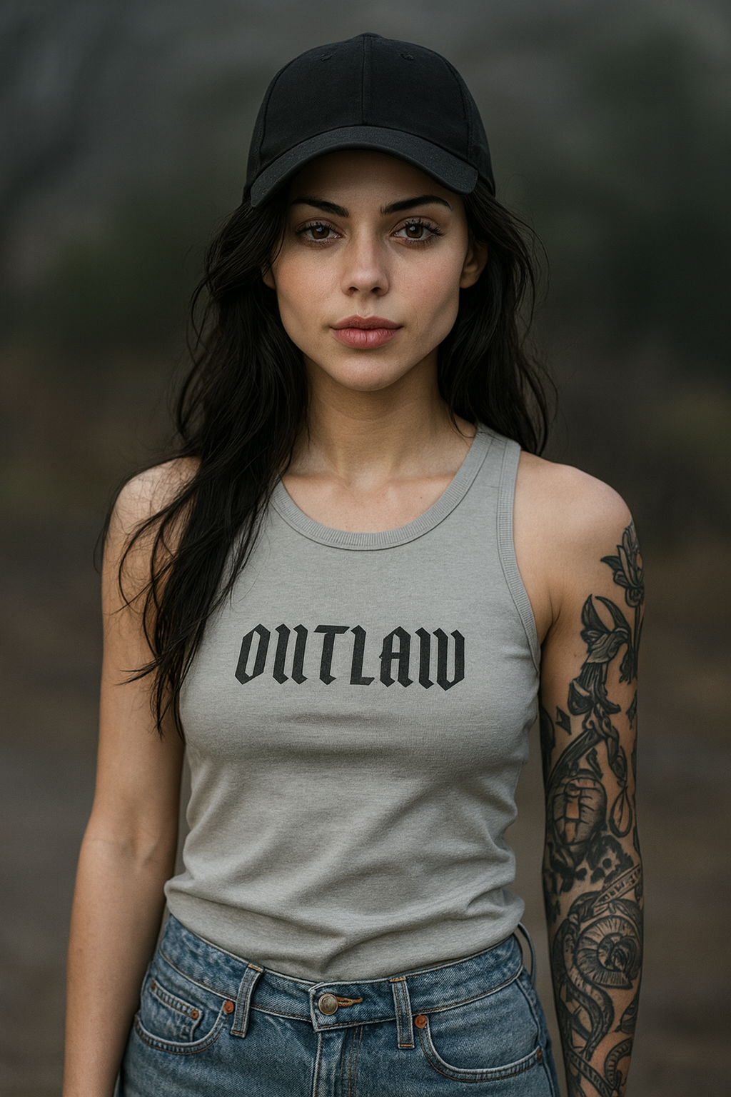 Woman wearing Iron & Velvet 'OUTLAW' tank top