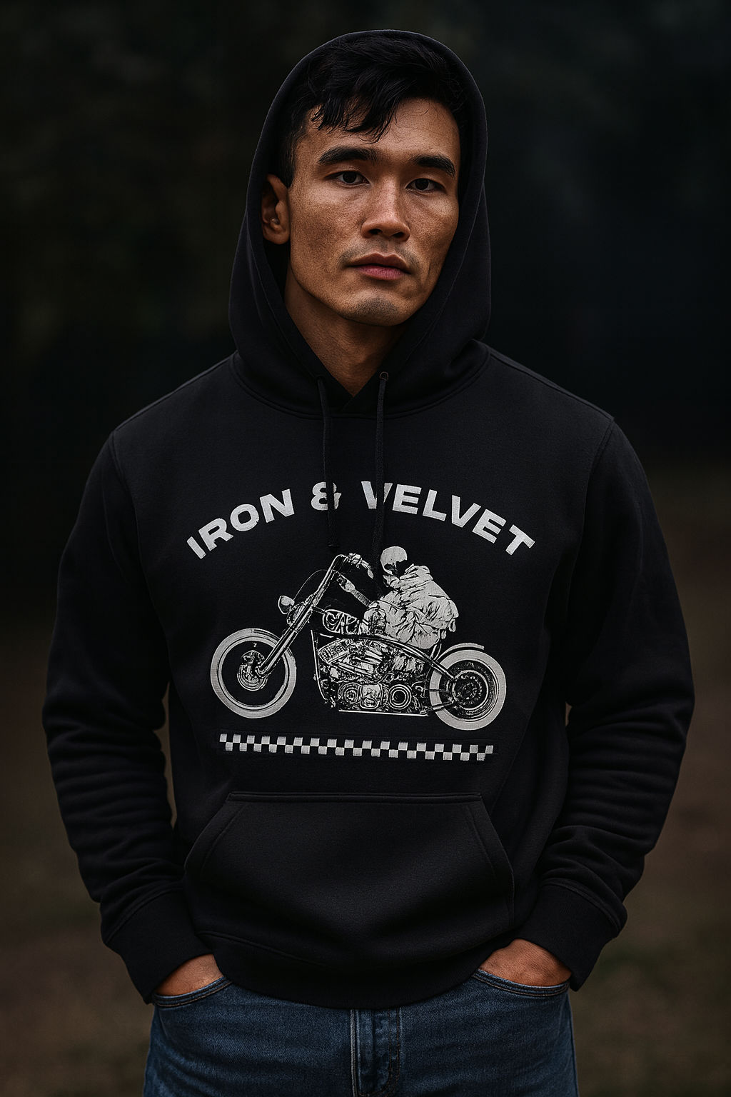 Person wearing a black hoodie with 'Iron & Velvet' and motorcycle graphic
