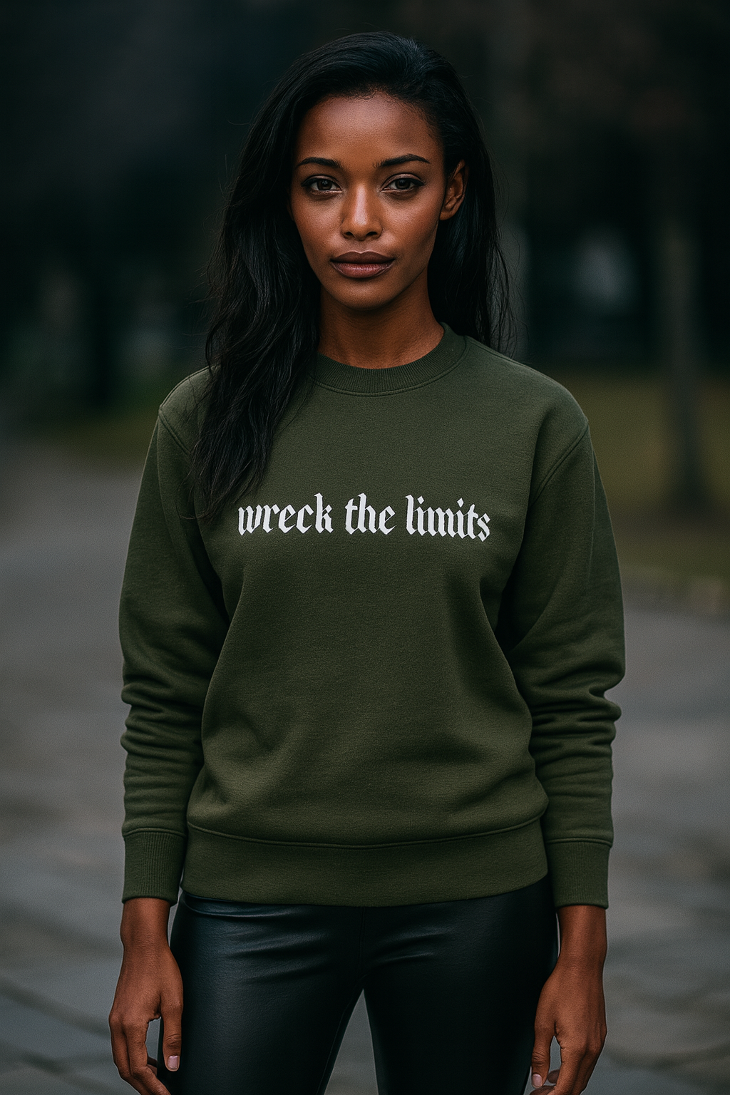 Woman wearing a green Iron & Velvet sweatshirt with 'wreck the limits' graphic