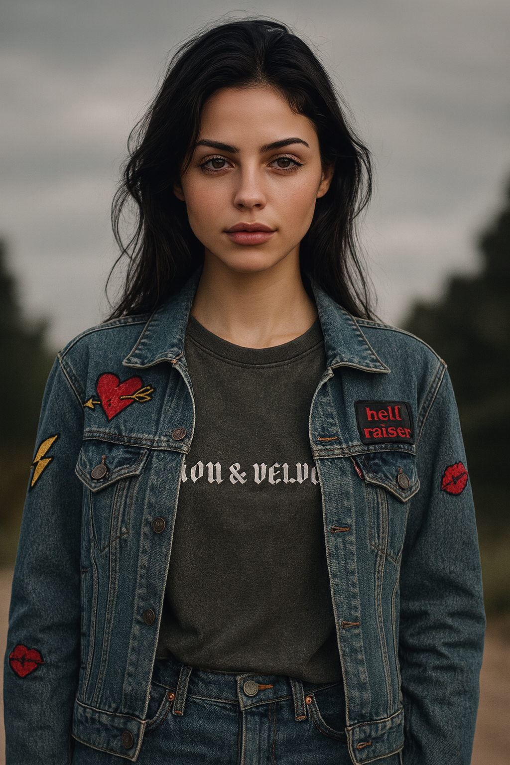 Woman wearing a denim jacket with embroidered patches and a dark gray Iron & Velvet t-shirt.