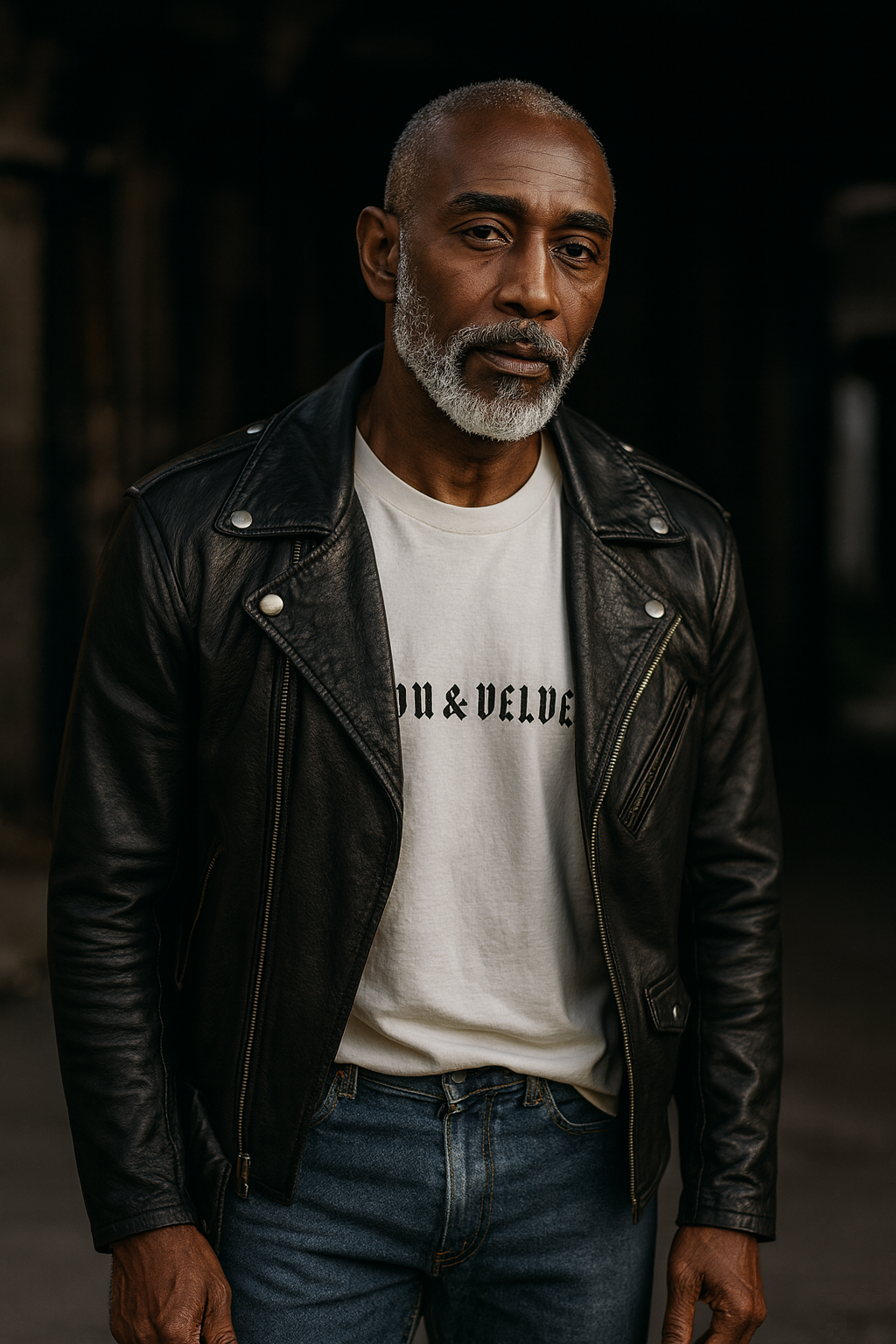 Man wearing a black leather jacket over a white Iron & Velvet t-shirt