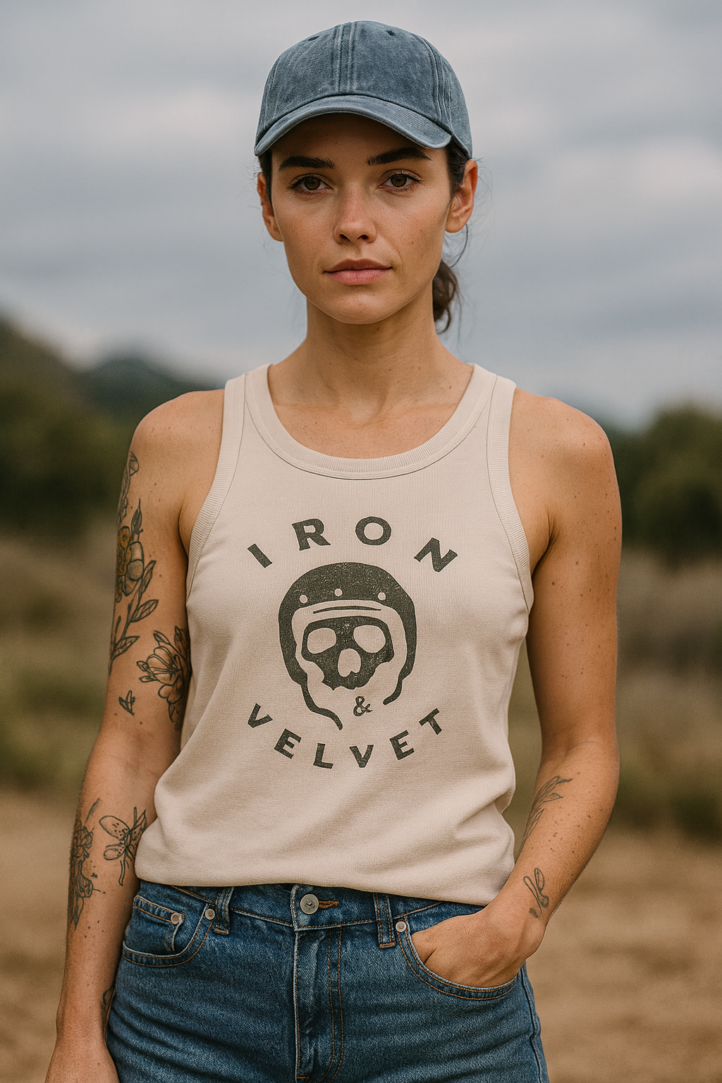 Woman wearing a tank top with signature Iron & Velvet skeleton rider graphic on it.