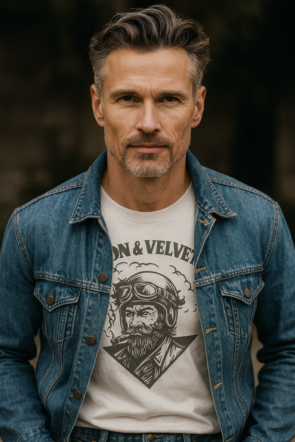 Man wearing a denim jacket over a graphic Iron & Velvet t-shirt
