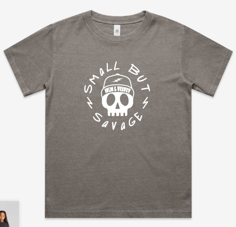 "Small but savage" skeleton graphic in fog on front