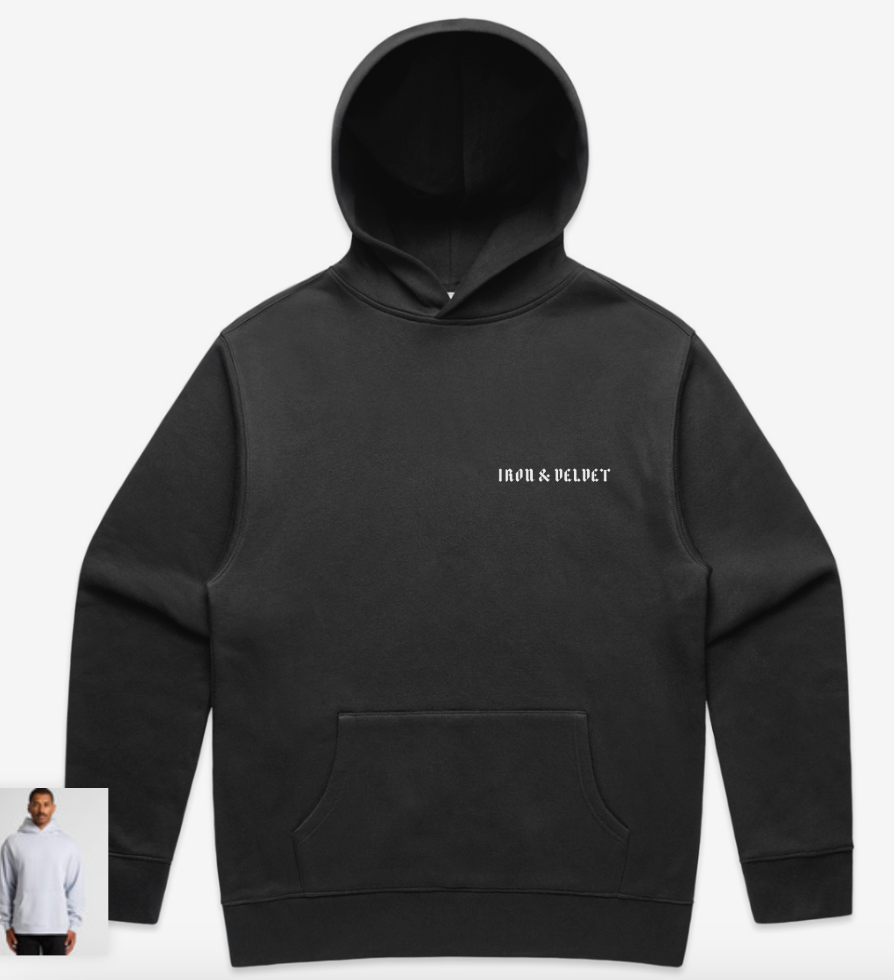 Print: I&V text-only logo in fog above pocket and I&V icon in fog on sleeve
