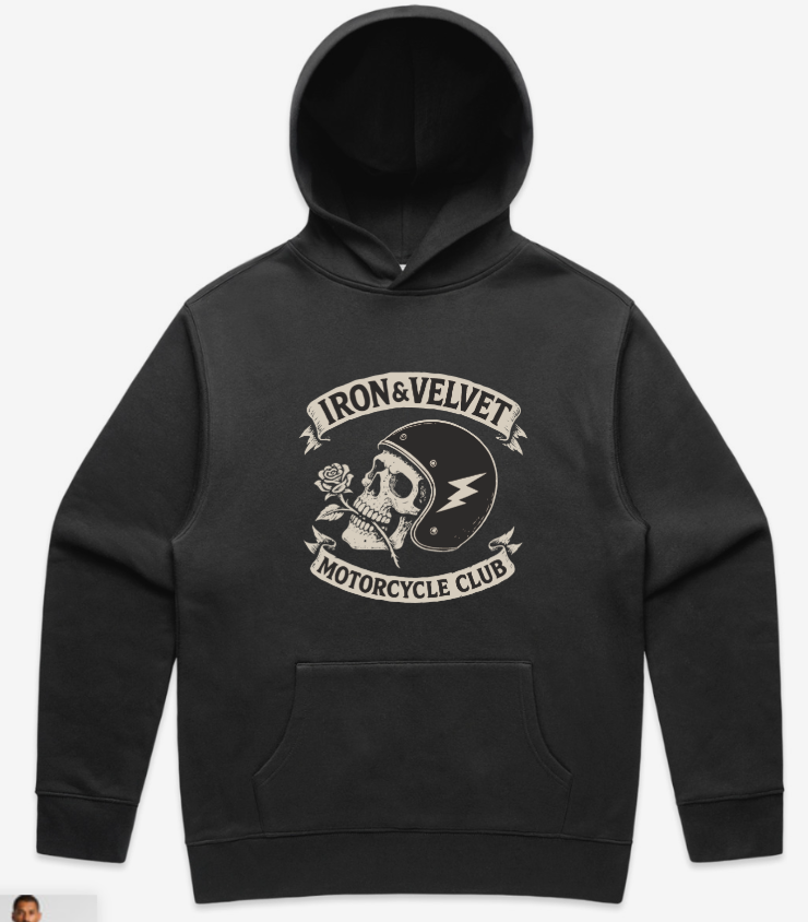 I&V motorcycle club graphic in sand