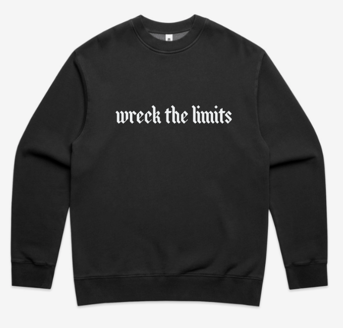 "Wreck the limits" in fog across front with small I&V icon in fog on back of the neck