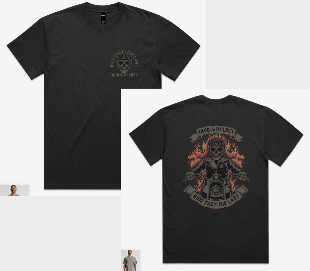 "Ride fast-die last" graphics on front chest and back