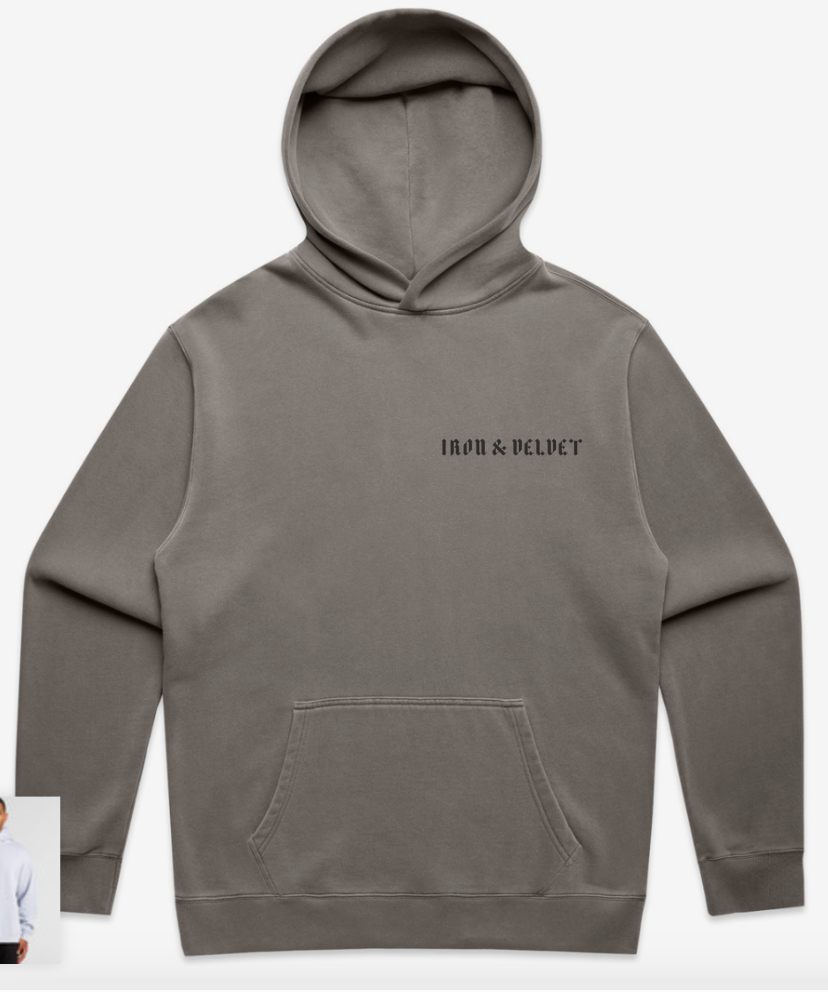 Print: I&V text-only logo in smoke over side chest and I&V icon on sleeve